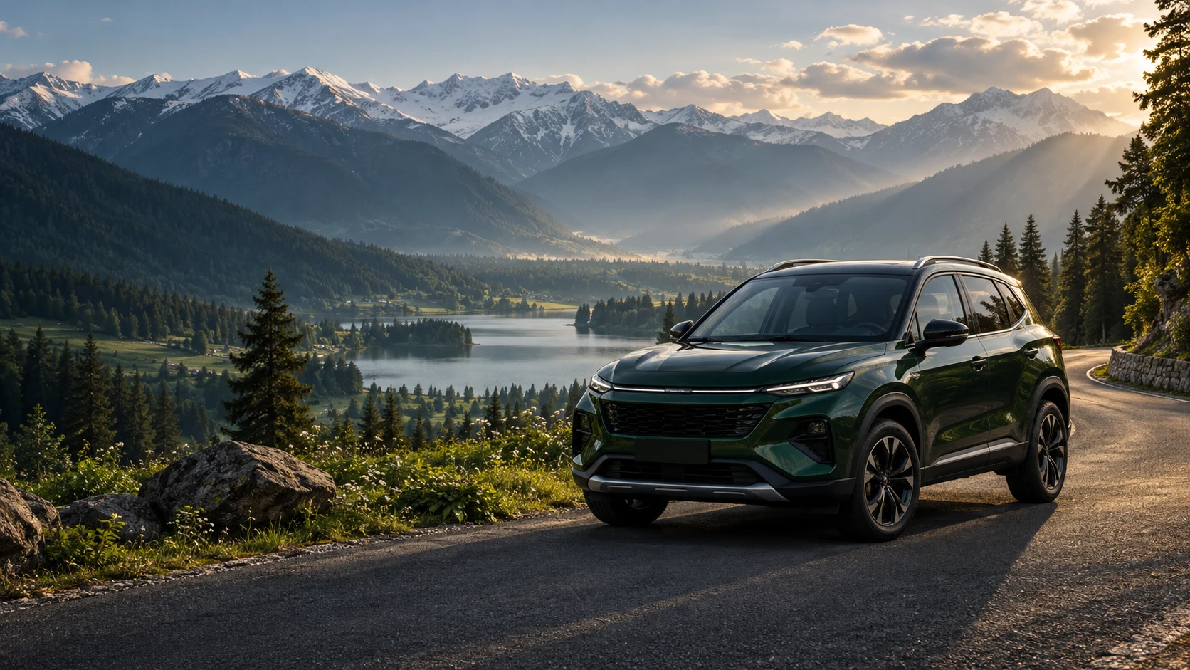 An imagined green car journey through a Kashmir-inspired mountain valley